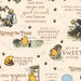A fabric print featuring quotes and illustrations of Winnie the Pooh and friends on a cream background.