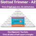 Image of the Clearly Perfect Slotted Trimmer - A2 with purple banners across the top and bottom of the image with product title and information.
