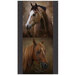 A fabric panel featuring two images, on top, a brown horse with a brown background, on the bottom, a tan horse with a bridle on a brown background. There are dark gray borders with tossed horseshoes on either side. 
