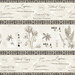 Paper textured gray border stripe fabric with gray tiled lines between alternating rows of illustrated florals and handwritten flower names