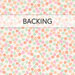 A swatch of white fabric with tossed small pink, coral, green, and orange flowers, a banner at the top reads "Backing".