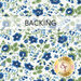 A swatch of white fabric with small blue flowers and green stems. A banner reads "Backing" and a golden Shabby Fabrics logo sits in the bottom right corner.