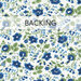 A swatch of white fabric with small blue flowers and green stems. A banner reads "Backing".