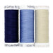 Three spools of thread in white, blue, and navy, isolated on a white background.