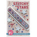 Colorful quilt pattern titled Stitchy Stars featuring star motifs, scissors, and buttons on wood background.