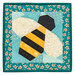 The completed Foundation Paper Piecing Series 4 August project, a teal and yellow design of a bumblebee, isolated on a white background. 