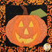 A close up on the jack-o'-lantern, showing fabric color and print details.