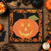 A top down shot of the October project, a jack-o'-lantern in orange, yellow, green, and black fabrics, laid flat on a wooden table surrounded by Halloween décor and candy corn.