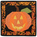 The completed Foundation Paper Piecing Series 4 October project, a jack-o'-lantern in orange, yellow, green, and black fabrics, isolated on a white background. 