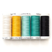 Five spools of white, yellow, teal blue, and black thread, isolated on a white background. 