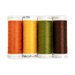 Four spools of orange, yellow, green, and brown thread, isolated on a white background. 