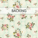 Soft mint green fabric swatch with floral and lace designs; a transparent banner at the top reads "Backing."