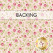 Swatch of blush pink blue fabric with tossed green leaves and pink rosebuds. A transparent banner at the top reads "Backing."