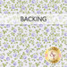 Swatch of periwinkle blue fabric with tossed green leaves and blue rosebuds. A transparent banner at the top reads "Backing."