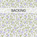 Swatch of periwinkle blue fabric with tossed green leaves and blue rosebuds. A transparent banner at the top reads "Backing."