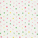 Soft beige fabric with scattered trees, dots, diamonds, stars, and candy canes in green, red, yellow, and pink.