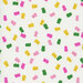 Soft cream fabric with a pattern of tossed gummy bears in hues of fuchsia, light pink, green, and yellow. 