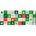 Color block squares filled with seasonal motifs like ornaments, animals, and sweets in hues of green, pink, and cream.