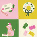 an 8x8 swatch of the panel featuring a present tag, a festive dog with a bone, gummy bears, and a stylized wreath.