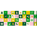 Color block squares filled with seasonal motifs like ornaments, animals, and sweets in hues of green, yellow, pink, and cream.