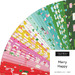 Fanned collage of fabric from the Merry Happy collection featuring holiday themed motifs in hues of red, pin, yellow, green, and teal.