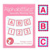 The label of the Alphabitties product in pink, with three of the labels "A", "B", and "C" on the right side.