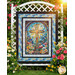 The completed Glory to God Quilt, featuring a stained-glass cross panel at its center and colorful stained-glass fabric borders from the Faith in Full Color collection by Henry Glass Fabrics. The quilt is hanging outdoors on a white trellis and surrounded by a lush floral garden, with a gold Shabby Fabrics logo is in the bottom corner.