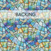 A swatch of multicolored fabric featuring an abstract block design with doves.  A banner at the top reads "Backing".