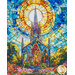 A straight-on shot of the stained glass church panel in the center of the quilt, showing fabric detail and color.