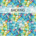 A swatch of rainbow fabric with a stained glass kaleidoscope texture. A banner at the top reads "Backing".