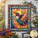 The completed Flight of Beauty Panel Quilt colored in vibrant orange, teal, purple, and magenta fabrics, staged on a rustic white wood wall in a lush, full bloom garden. 