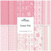 A collage of fabrics in the Sweet Pink collection, in shades of pink and cream featuring shabby florals and lacy designs.