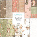 Collage of fabrics in the collection in brown, salmon pink, sage green, and white, with critters such as foxes, raccoons, and bunnies, ginghams, and modern floral prints