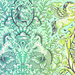 An 8 x 8 of the ombre fabric showing detail of the unicorns, Pegasus, and hippocampi creatures. 