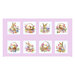 panel fabric featuring squares of bunnies and chicks with florals, baskets, and easter eggs on a floral printed lilac background.