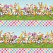 border stripe fabric featuring baby bunnies, lambs, and chicks with tulips and easter eggs alternating with pastel plaid stripes.