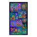 Black panel layered with blue-tone blocks laying over each other with multicolor stylized owls and flora.