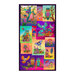 Black panel layered with warm multi-color blocks laying over each other with multicolor stylized owls and flora.