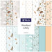 A collage of fabrics in the collection in soft gray, white, peach, and aqua with woodland creatures, clouds, and star designs.
