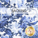 A white fabric with two tones of blue Jacobean florals; a transparent banner at the top reads "Backing", and a golden Shabby Fabrics logo rests in the bottom right corner. 