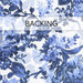 A white fabric with two tones of blue Jacobean florals; a transparent banner at the top reads "Backing."
