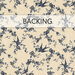 A charming navy blue pattern of birds and flowers on a tan fabric with a translucent banner across the top with the word "Backing".