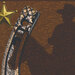 an 8x8 swatch of the panel featuring a golden star, and a shadowed cowboy on a horse on a brown embossed-style background