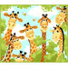 Fabric panel with giraffes framed by tree leaves and bees against a blue sky background.