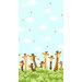 Fabric panel with a playful design of giraffes poking their heads out of a tree with bees flying around against a blue sky background.