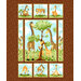 Fabric panel with a playful collage of cartoon safari animals in various goofy poses and a giraffe print background..