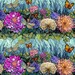 Border stripe fabric with colorful dahlias, dandelion puffs, and orange butterflies on a teal stained glass background