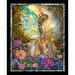 A stained glass style fabric panel featuring a back-lit fairy in the woods holding a dandelion puff amidst bright magenta dahlias