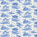 White fabric with charming Chinoiserie-inspired motifs of flowing waters, peacocks, pagodas, and trees for an elegant, storybook design.
