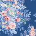 Toile blue fabric with large floral clusters and leaves in a classic, richly detailed design.